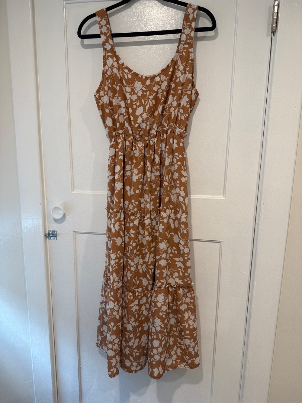 mine Tan Floral Tiered Maxi Dress with White Print